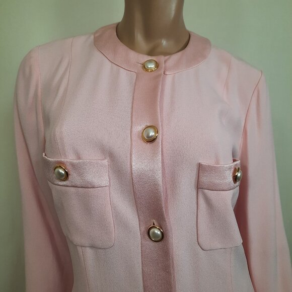 Vintage 80s Albert Nipon Button Front Sheath M Pink Elegant Mid Length Day Dress - Picture 2 of 12
